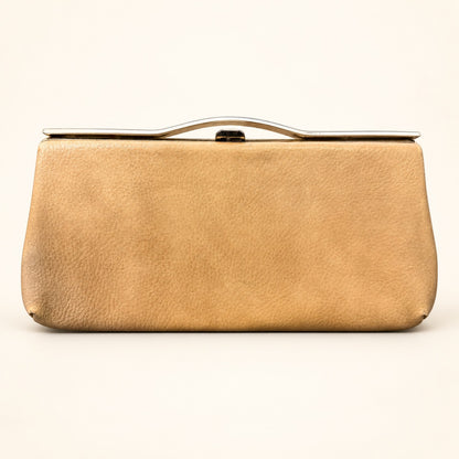Camel-Tone Metal Frame Clutch with Curved Top