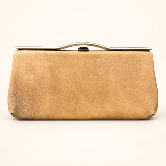 Camel-Tone Metal Frame Clutch with Curved Top