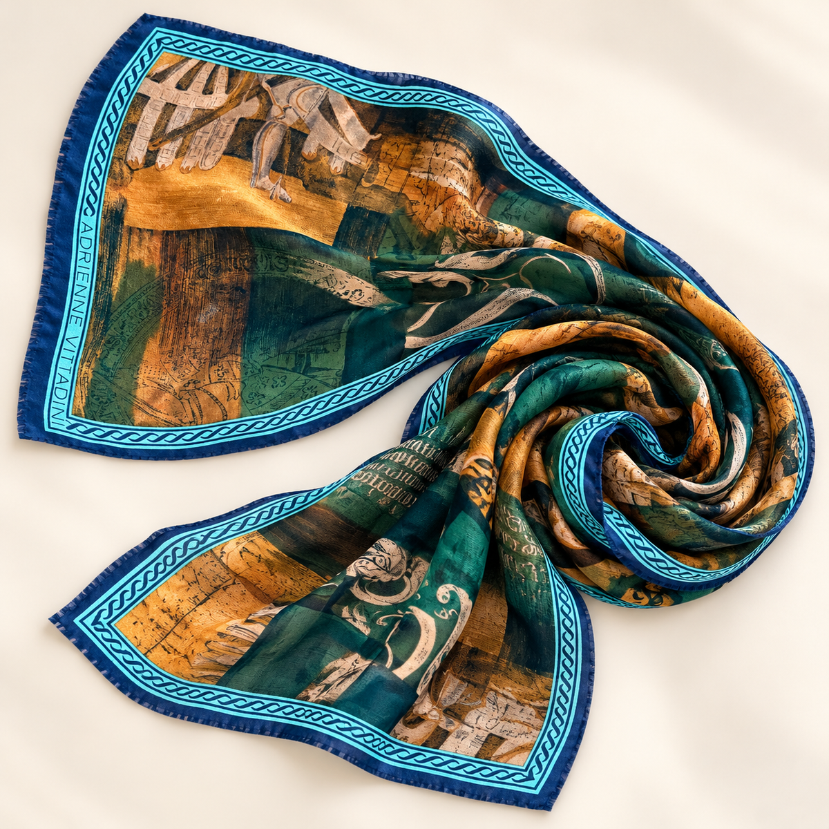 Adrienne Vittadini Green and Ochre Silk Scarf