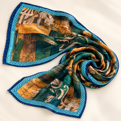 Adrienne Vittadini Green and Ochre Silk Scarf