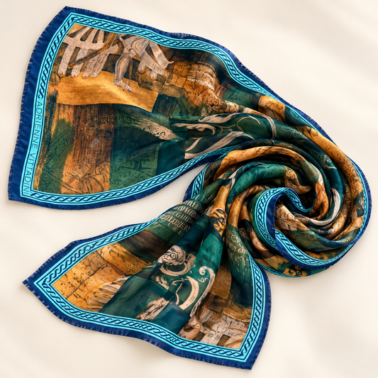 Adrienne Vittadini Green and Ochre Silk Scarf