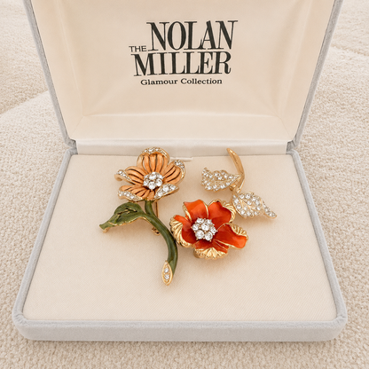 Nolan Miller Glamour Collection Enamel Floral Rhinestone Brooch – Vintage Statement Pin