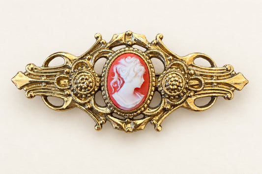Coral-Tone Cameo Brooch with Ornate Gold-Tone Frame
