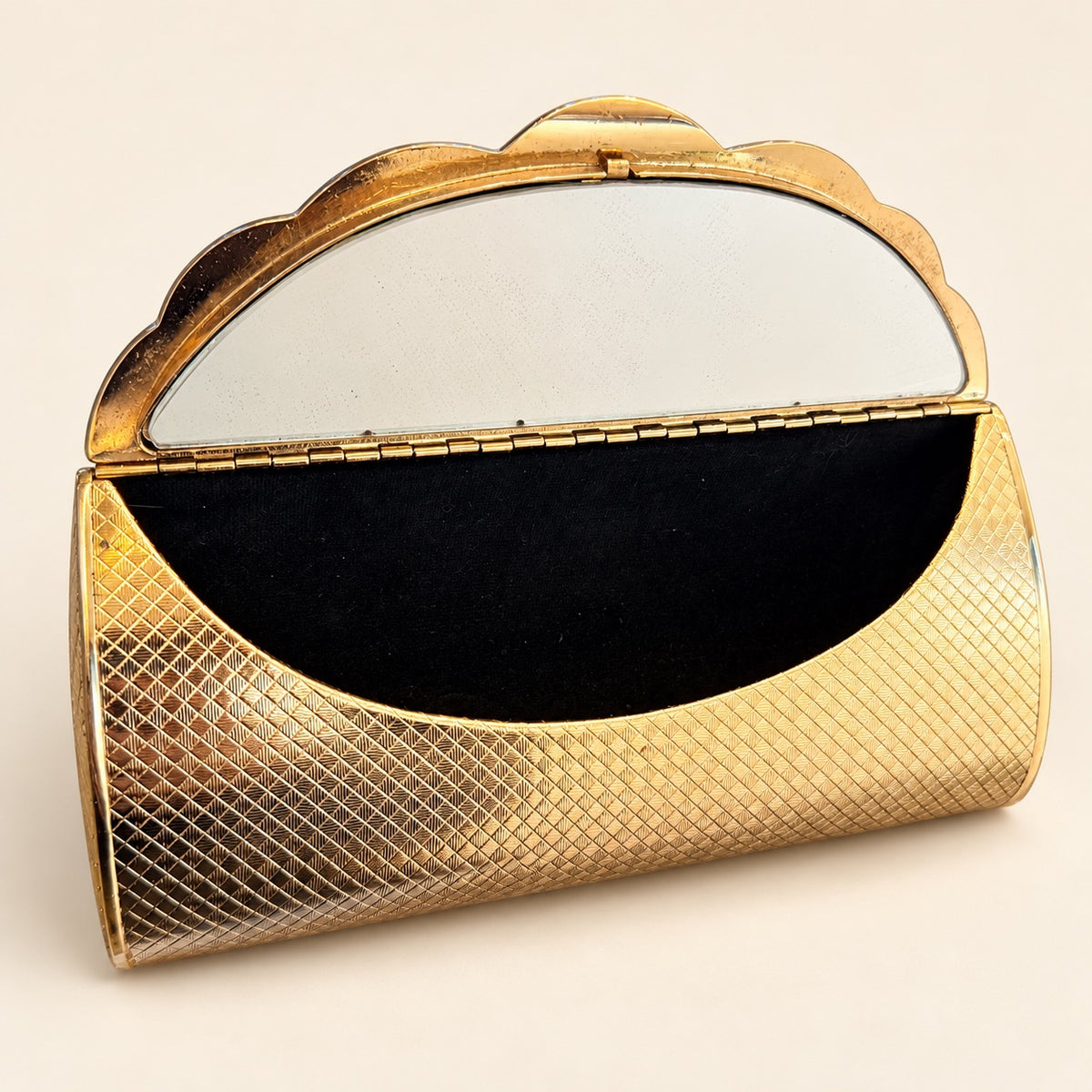 Gold-Tone Hollywood Regency Style Metal Clutch with Scalloped Flap & Mirror