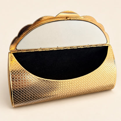 Gold-Tone Hollywood Regency Style Metal Clutch with Scalloped Flap & Mirror