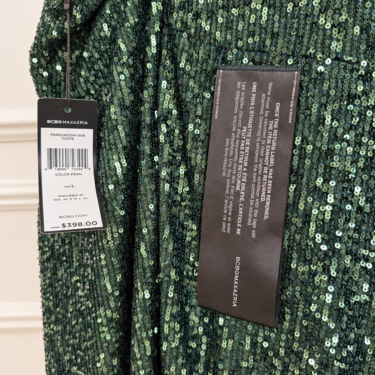 BCBGMAXAZRIA Fern Green One-Sleeve Sequin Gown | Large