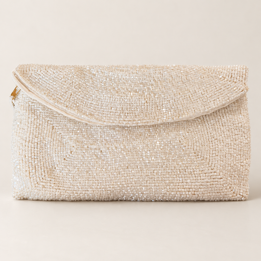 Richeré by Walborg White Beaded Envelope Clutch | 7 × 4 Inches