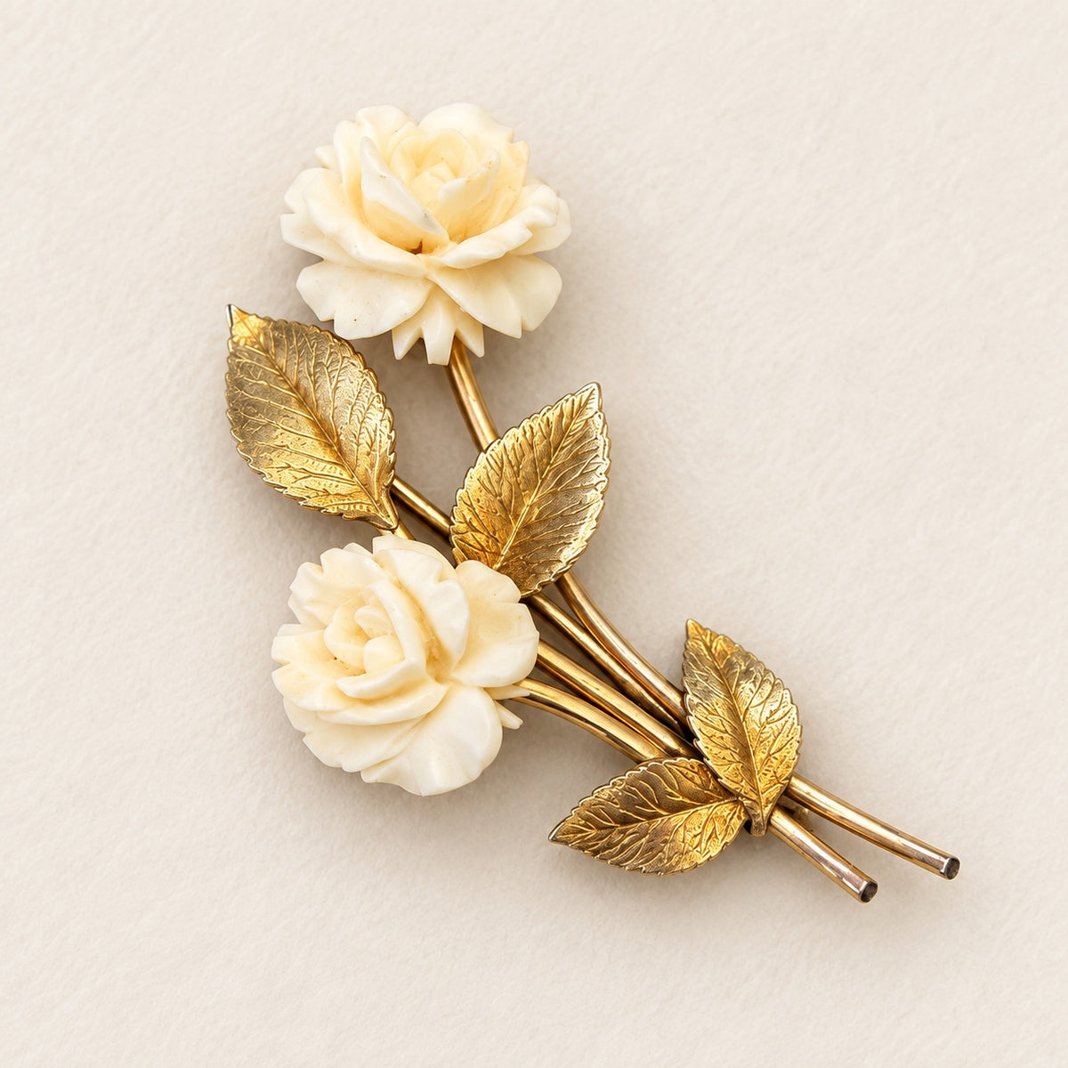Double Cream Rose Brooch with Gold-Tone Leaves