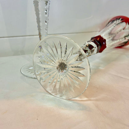Fabergé Crystal Champagne Flutes - Pair of Ruby Red Cut to Clear Toasting Glasses - Signed