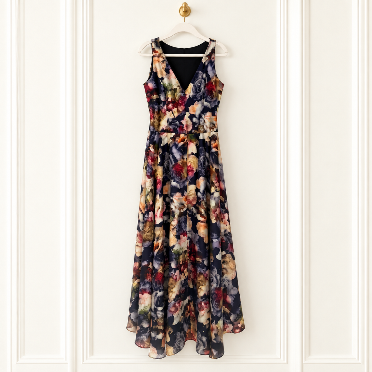 A sleeveless V-neck maxi dress with a multicolor floral print, hanging on a white hanger against a white paneled wall.