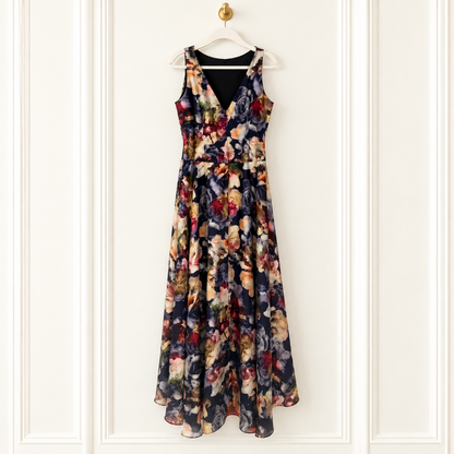 A sleeveless V-neck maxi dress with a multicolor floral print, hanging on a white hanger against a white paneled wall.