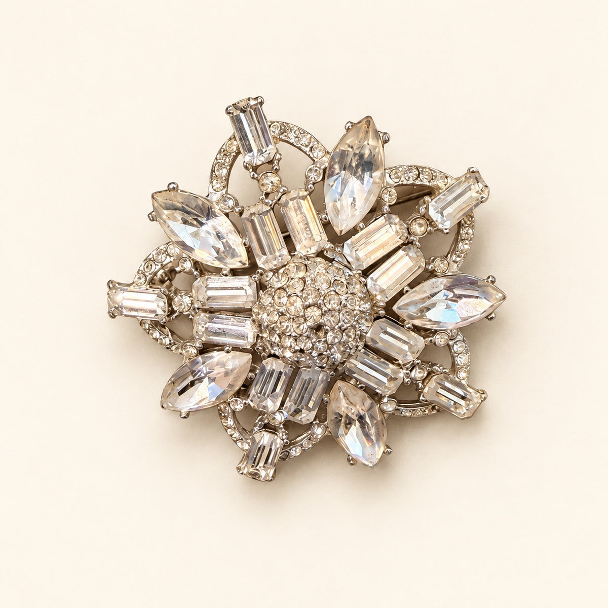 Clear Rhinestone Floral Starburst Brooch