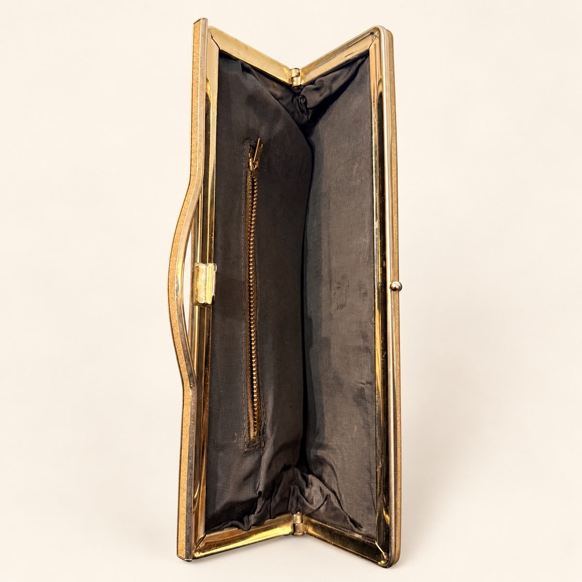 Camel-Tone Metal Frame Clutch with Curved Top