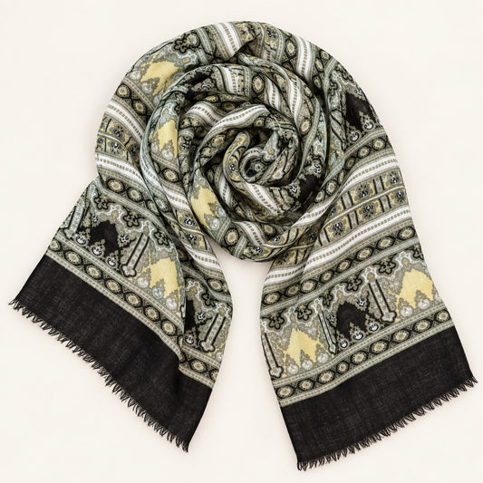 Black Mustard Geometric Fringe Scarf