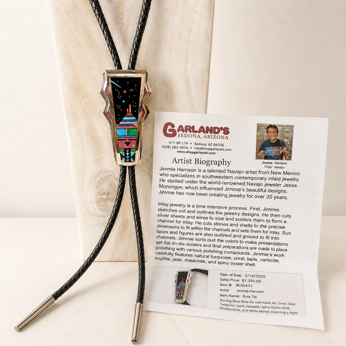 Jim Harrison, Navajo Silversmith Sterling Silver Inlaid Bola Tie with Coral, Opal, Turquise, Lapis, Gaspeite, Spiny Oyster Shell, Rhodochrosite and White Marble 
Night Sky Design with Yei Face  4" (tip to tip)