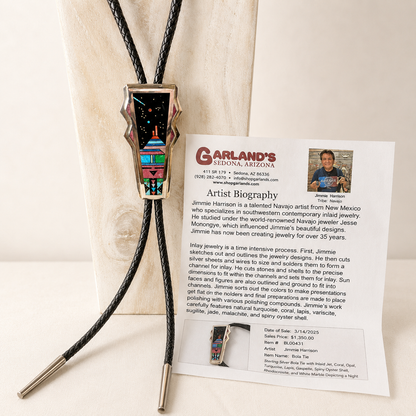 Jim Harrison, Navajo Silversmith Sterling Silver Inlaid Bola Tie with Coral, Opal, Turquise, Lapis, Gaspeite, Spiny Oyster Shell, Rhodochrosite and White Marble 
Night Sky Design with Yei Face  4" (tip to tip)