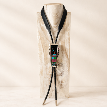 Jim Harrison, Navajo Silversmith Sterling Silver Inlaid Bola Tie with Coral, Opal, Turquise, Lapis, Gaspeite, Spiny Oyster Shell, Rhodochrosite and White Marble 
Night Sky Design with Yei Face  4" (tip to tip)