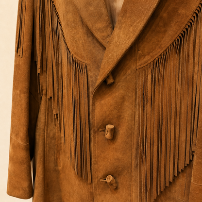 Pioneer Wear True Vintage 100% Genuine Split Leather Suede Fringe Western Jacket in Cognac Brown