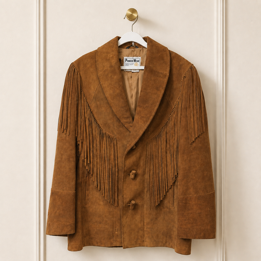 Pioneer Wear True Vintage 100% Genuine Split Leather Suede Fringe Western Jacket in Cognac Brown
