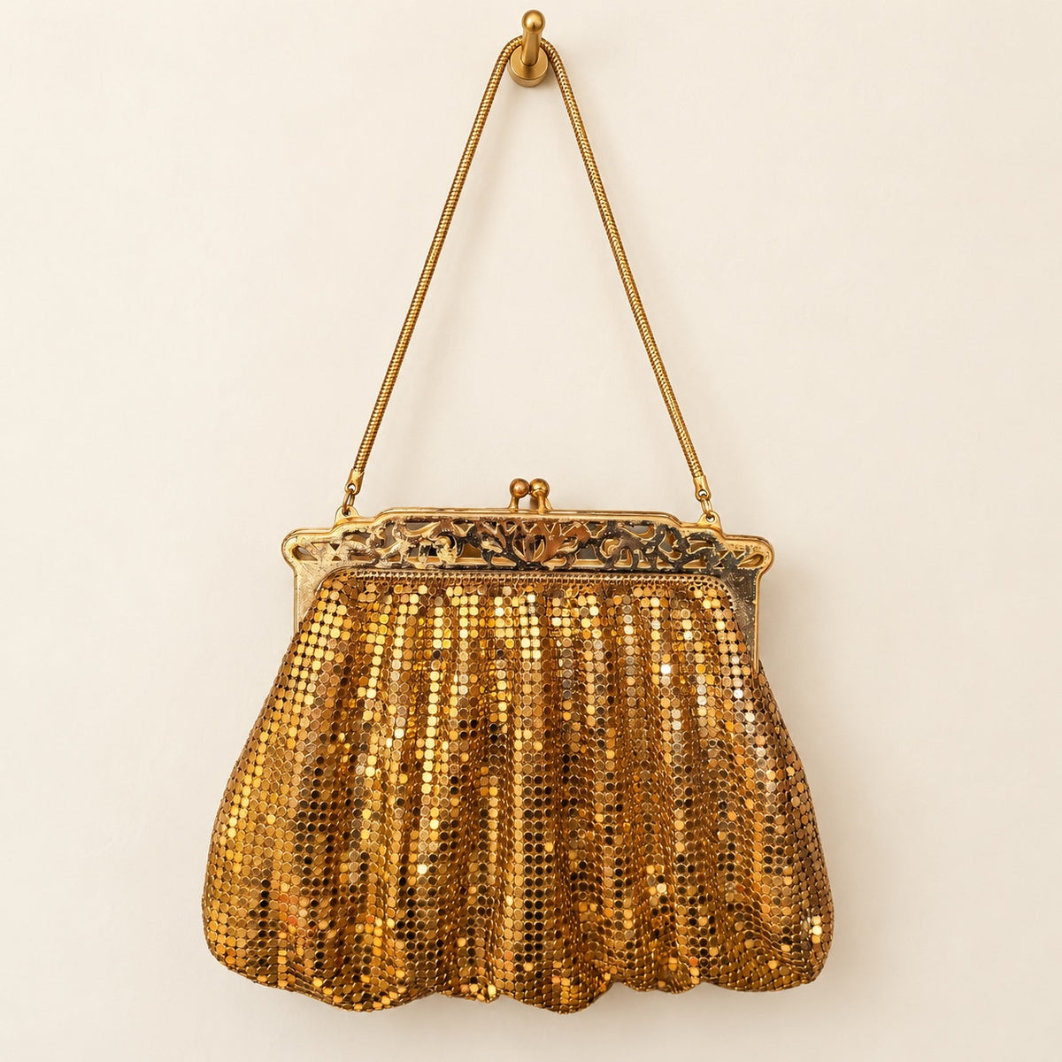 Whiting & Davis Gold-Tone Mesh Evening Bag with Ornate Frame