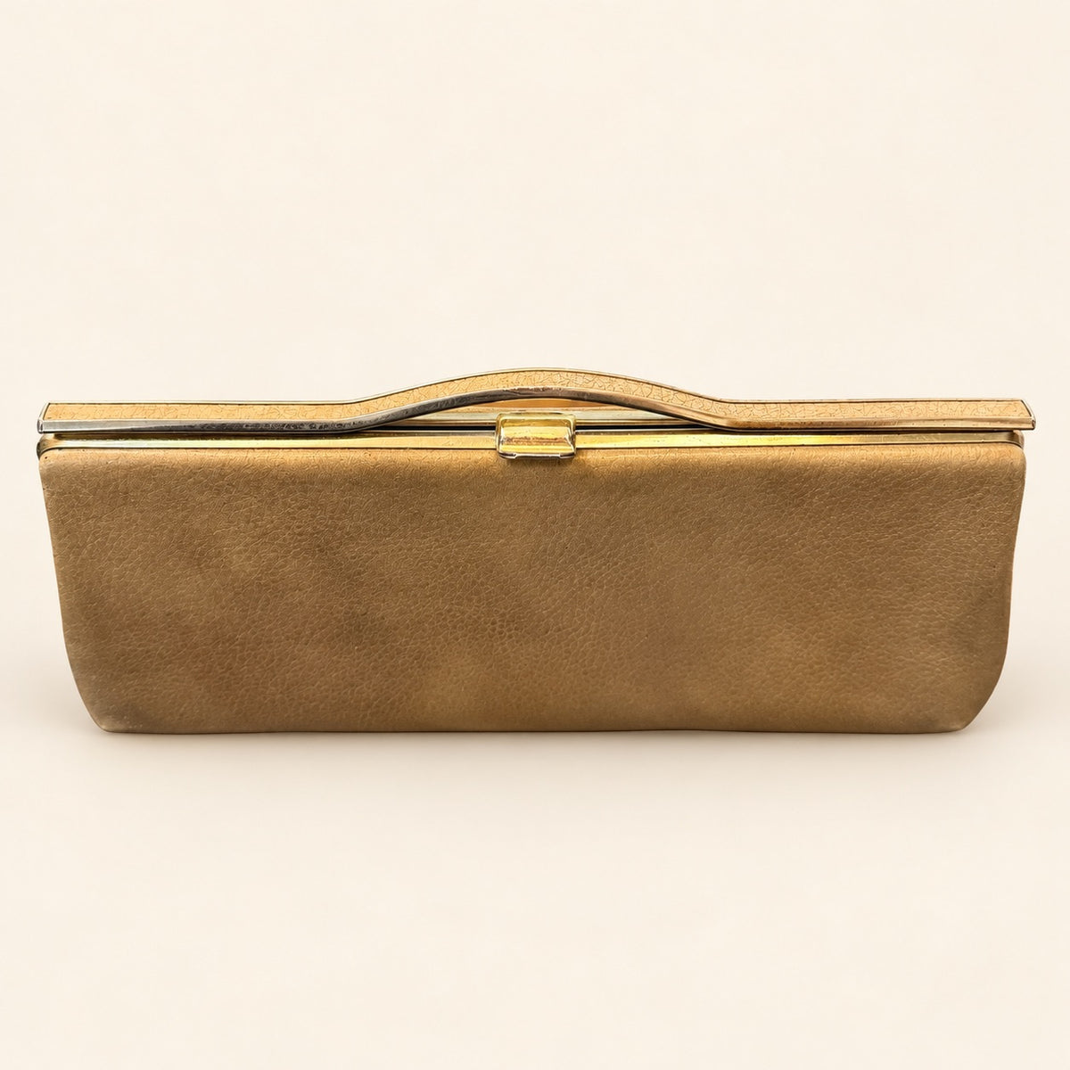 Camel-Tone Metal Frame Clutch with Curved Top