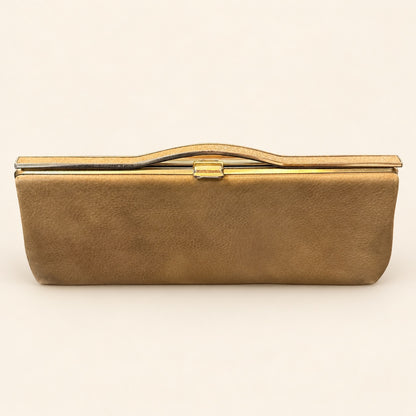 Camel-Tone Metal Frame Clutch with Curved Top
