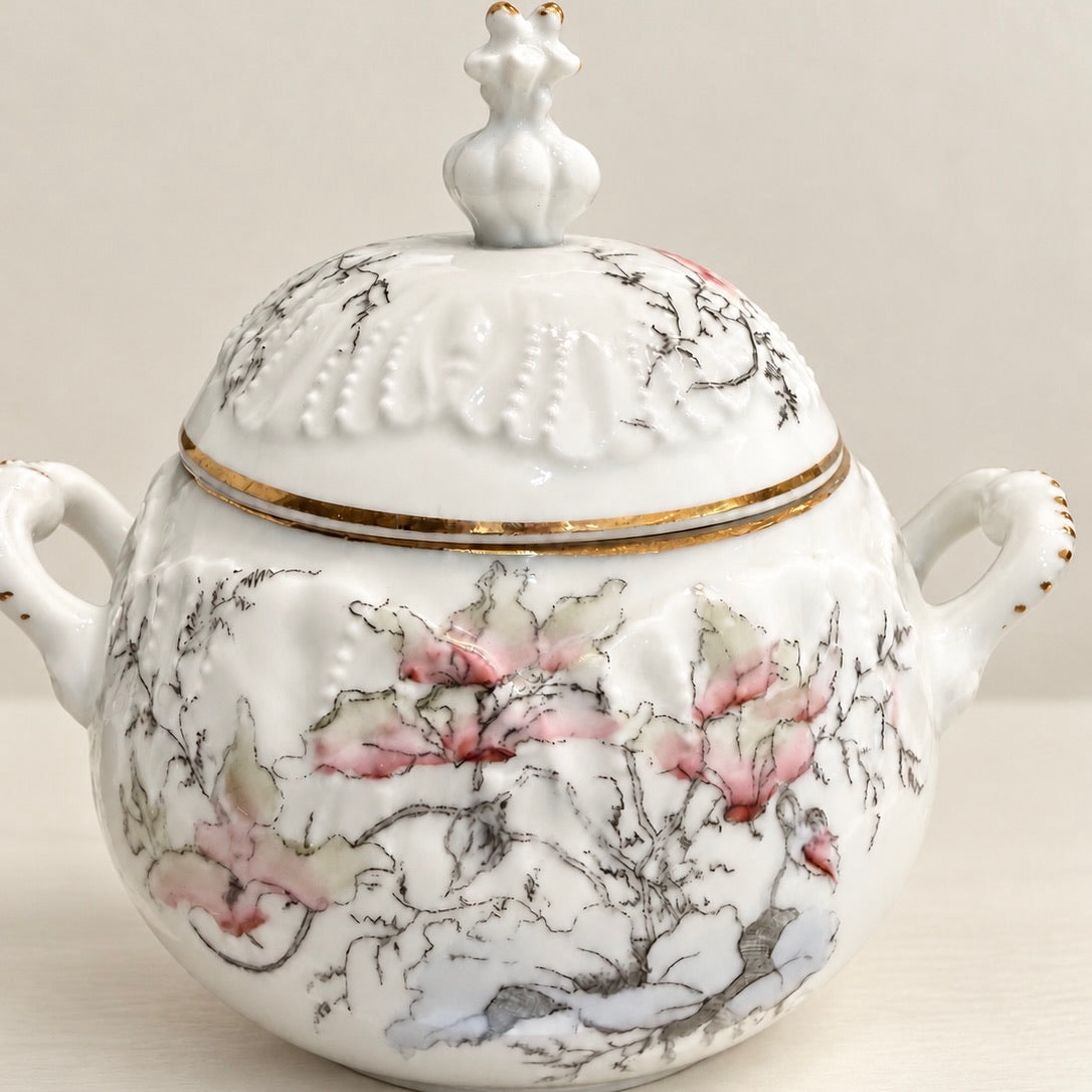 White and Pink Floral Creamer and Covered Sugar Bowl Set with Gold Trim