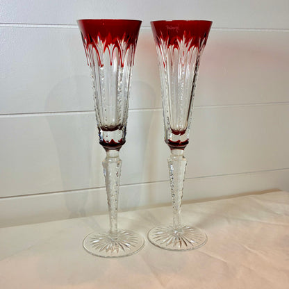 Fabergé Crystal Champagne Flutes - Pair of Ruby Red Cut to Clear Toasting Glasses - Signed