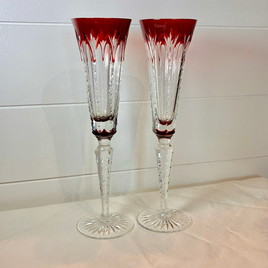 Fabergé Crystal Champagne Flutes - Pair of Ruby Red Cut to Clear Toasting Glasses - Signed