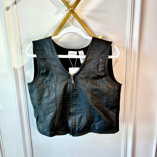 Villager By Liz Claiborne Black 100% Leather Rib Knit Cotton Vest