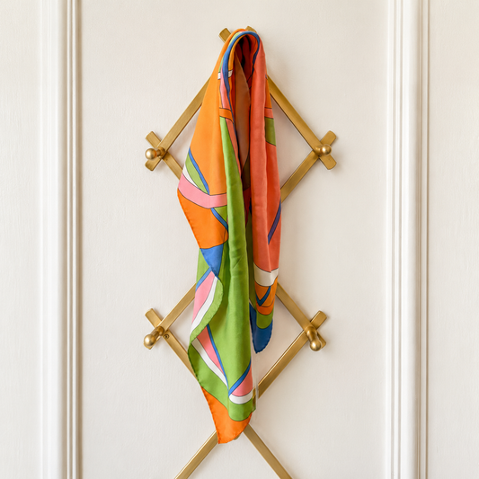 Retro Geometric Silk Scarf – Orange, Lime Green, Pink & Blue