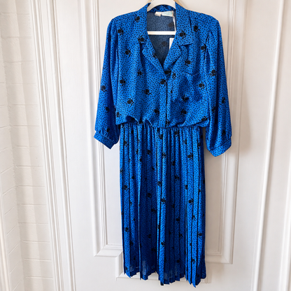 Vintage Lady Carol Petites Royal Blue Black Floral Shirt Dress