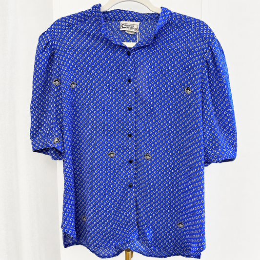 Vintage Campus Casuals Blue Geometric Short Sleeve Blouse