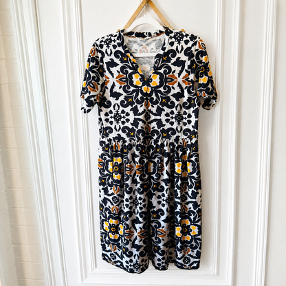 Boden Floral Print Midi Dress – Black, White & Mustard – Size 10