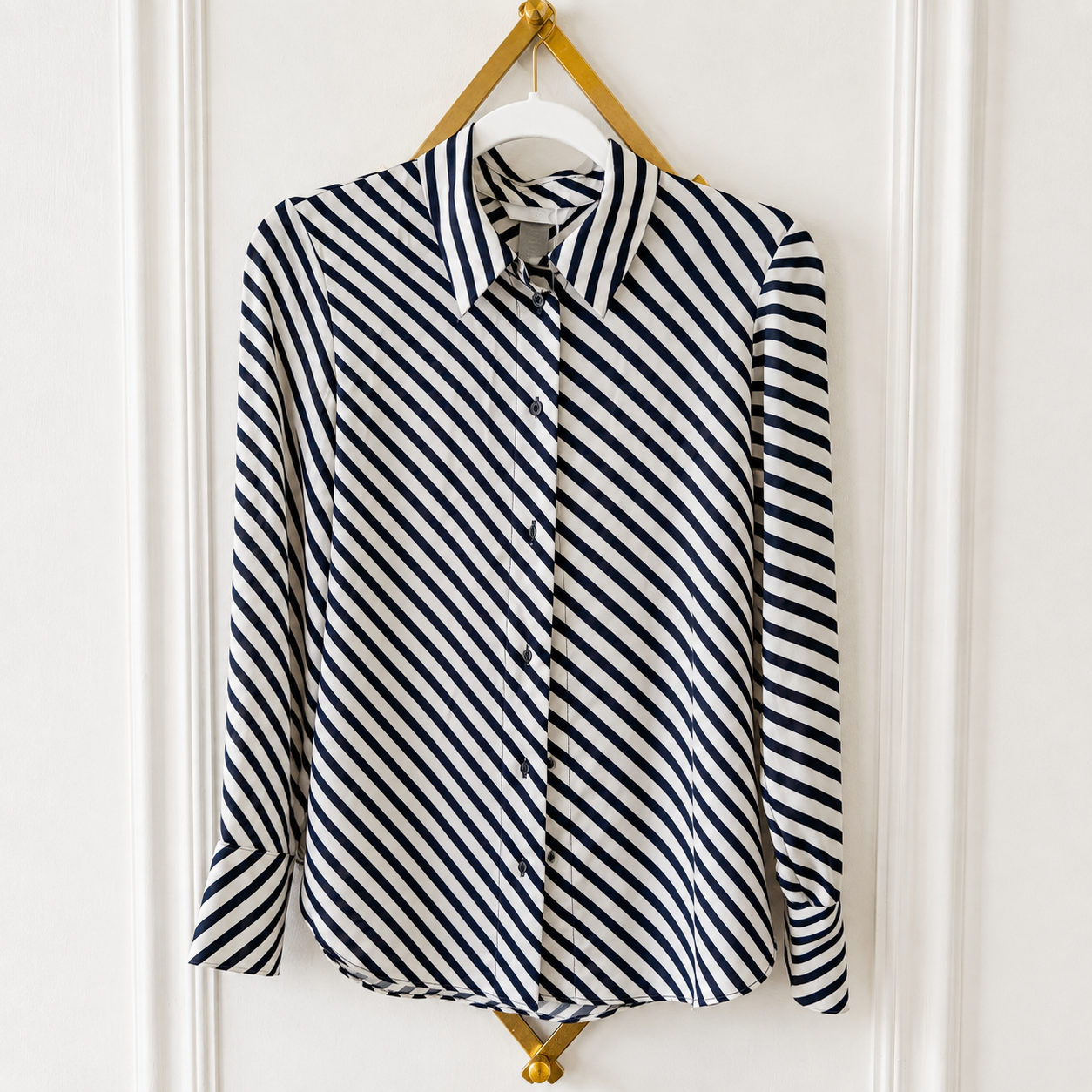 H&M Black & Cream Diagonal Stripe Button-Down Blouse – Size XS