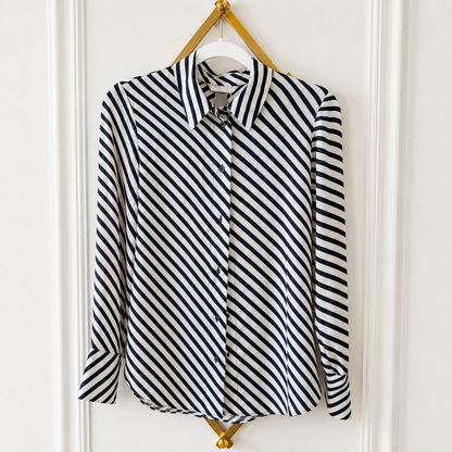 H&M Black & Cream Diagonal Stripe Button-Down Blouse – Size XS