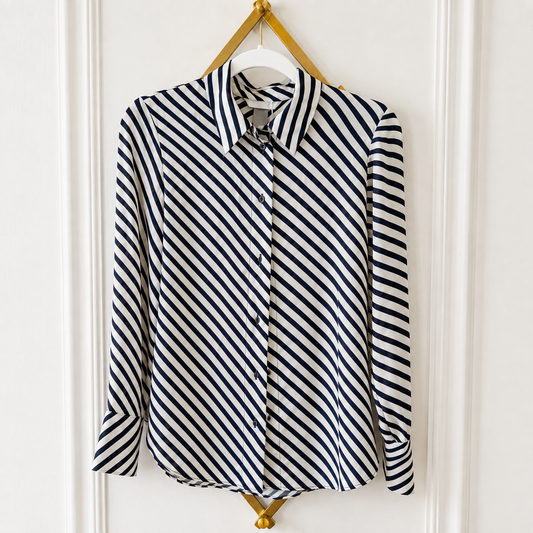 H&M Black & Cream Diagonal Stripe Button-Down Blouse – Size XS