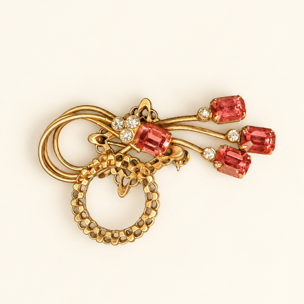 Coral-Pink Rhinestone & Gold-Tone Spray Brooch