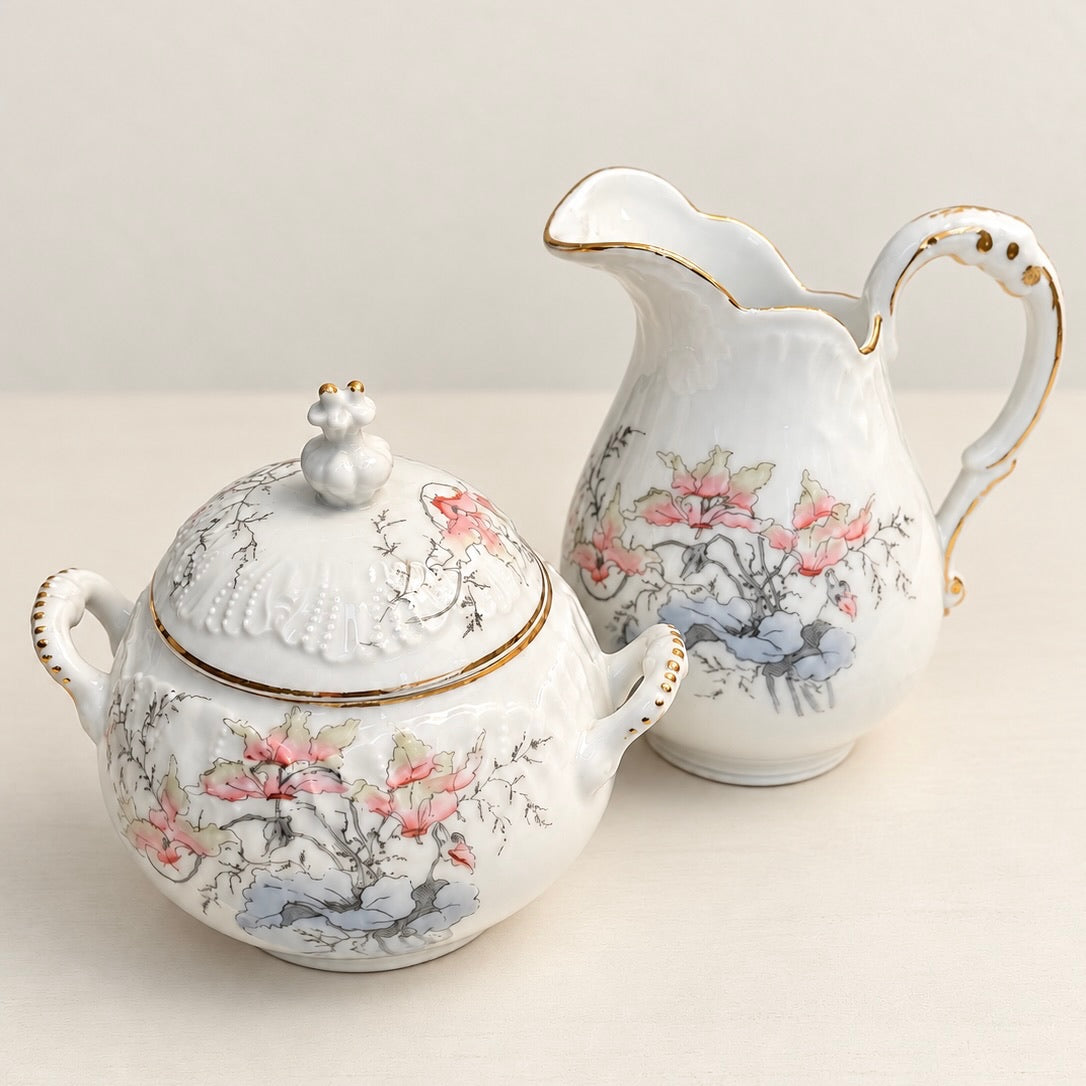 White and Pink Floral Creamer and Covered Sugar Bowl Set with Gold Trim