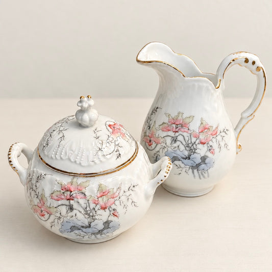 White and Pink Floral Creamer and Covered Sugar Bowl Set with Gold Trim