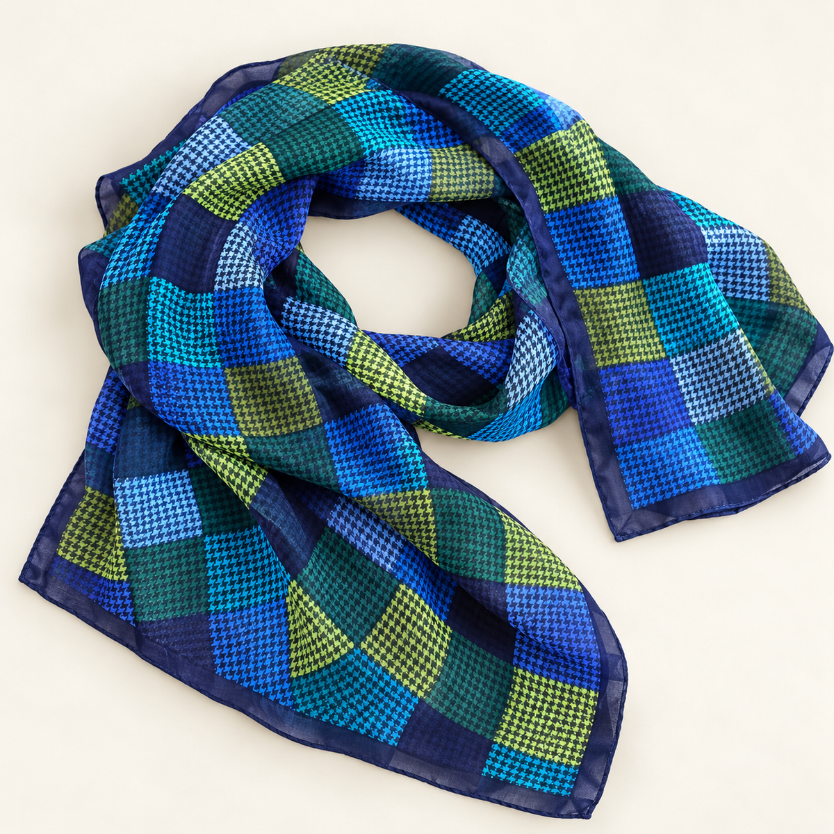 Blue and Green Patchwork Houndstooth Scarf