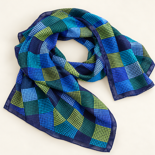 Blue and Green Patchwork Houndstooth Scarf