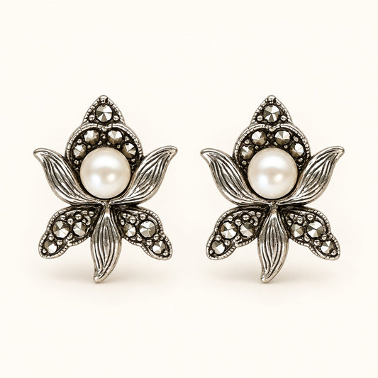 Silver Flower Pearl Earrings