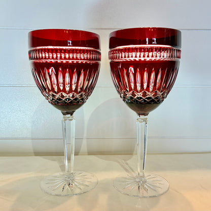 Waterford Crystal Clarendon Ruby Red Hock Wine Glass Cut to Clear Signed Pair
