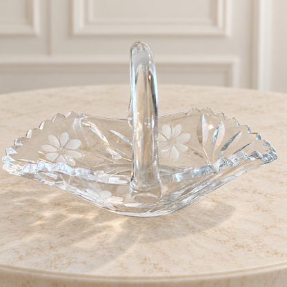 Floral Etched Glass Basket with Arched Handle