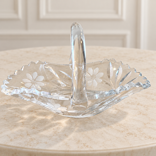 Floral Etched Glass Basket with Arched Handle