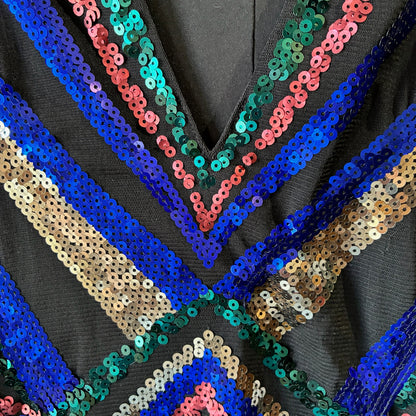 Close-up of a black sequined garment featuring geometric V-shaped and striped patterns of metallic blue, teal green, pink, and gold sequins.