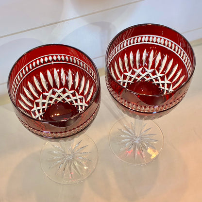 Waterford Crystal Clarendon Ruby Red Hock Wine Glass Cut to Clear Signed Pair