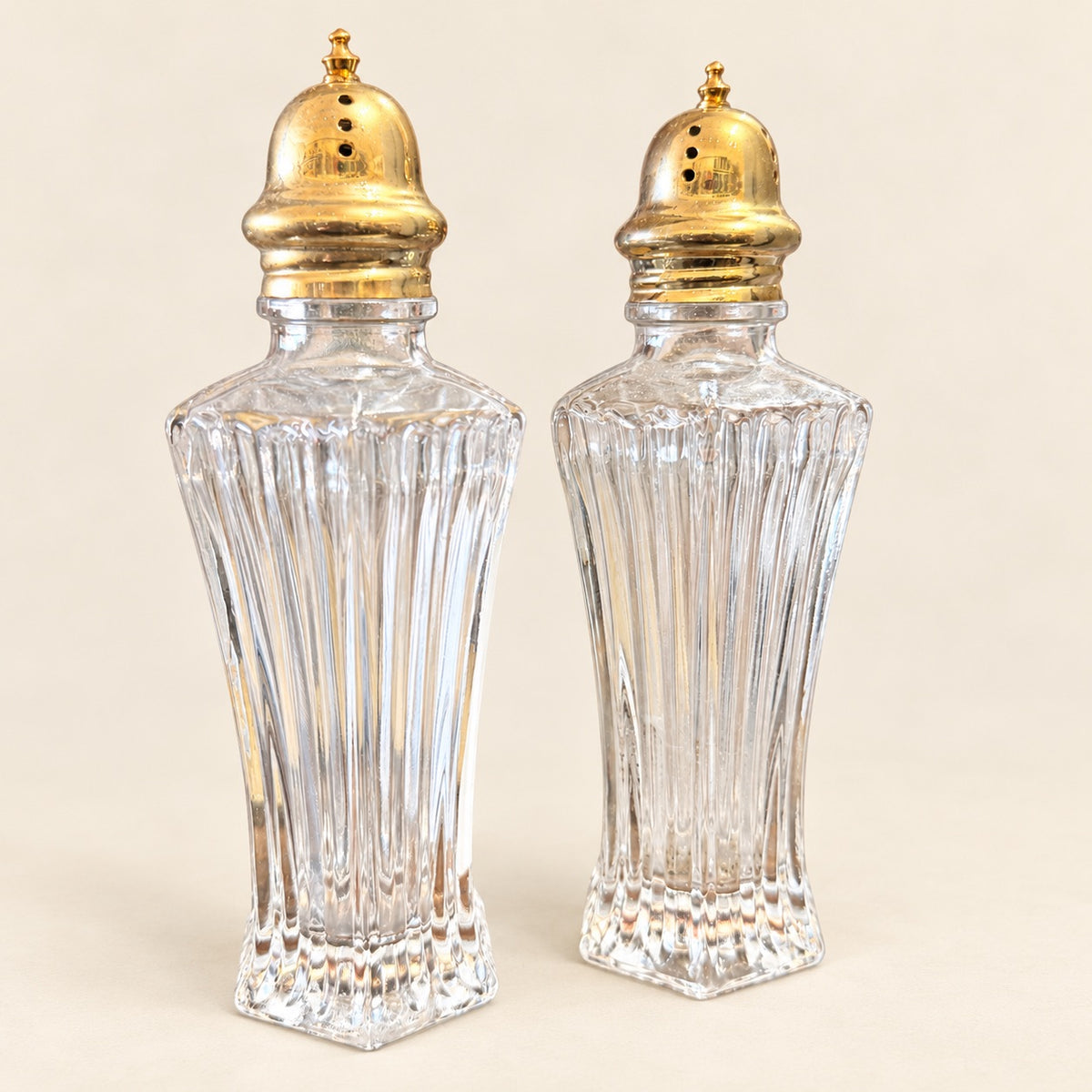 Fluted Glass Salt & Pepper Shakers with Gold-Tone Tops | Pair