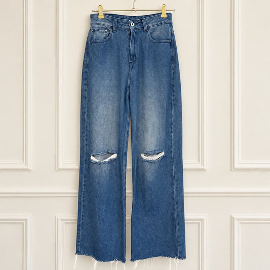Lowla Distressed Wide-Leg Raw-Hem Jeans - Tagged Size 26